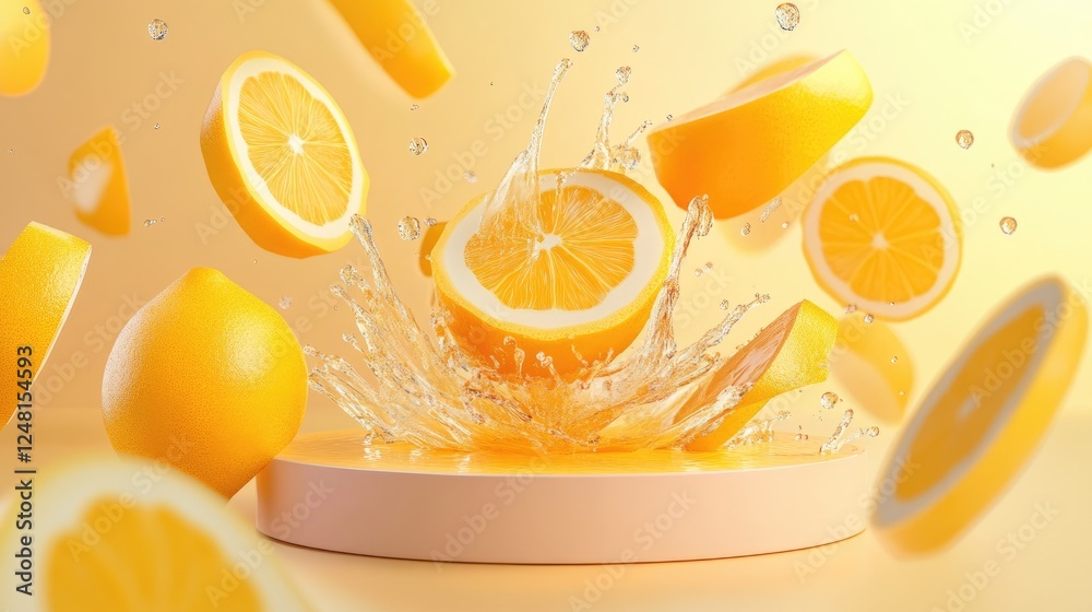 Poster A vibrant explosion of orange and lemon slices colliding, creating a burst of water droplets and juice, symbolizing refreshing summer energy with a clean display podium.