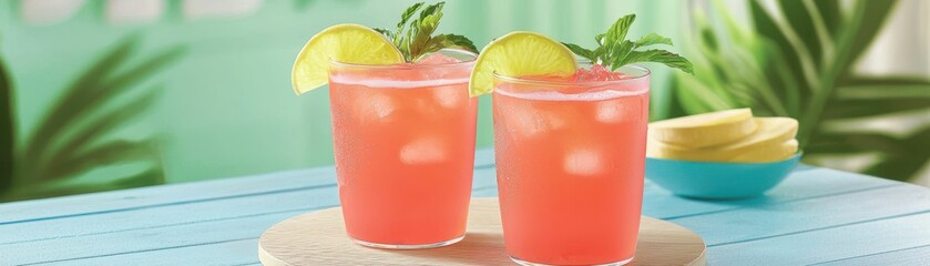 Refreshing tropical drinks with fruit garnishes.