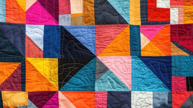 A vibrant geometric quilt with intricate stitching, symbolizing personalization, craftsmanship, unity, diversity, and the warmth of collaboration and support.