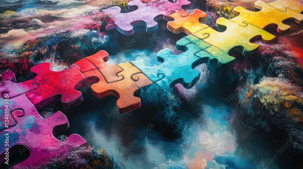 Poster a vibrant landscape with a colorful puzzle bridge spanning across, symbolizing teamwork, connection,