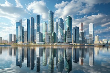 Fototapeta premium A bustling city skyline filled with modern skyscrapers and a river running alongside, reflecting the vibrant architecture and creating a dynamic urban scene