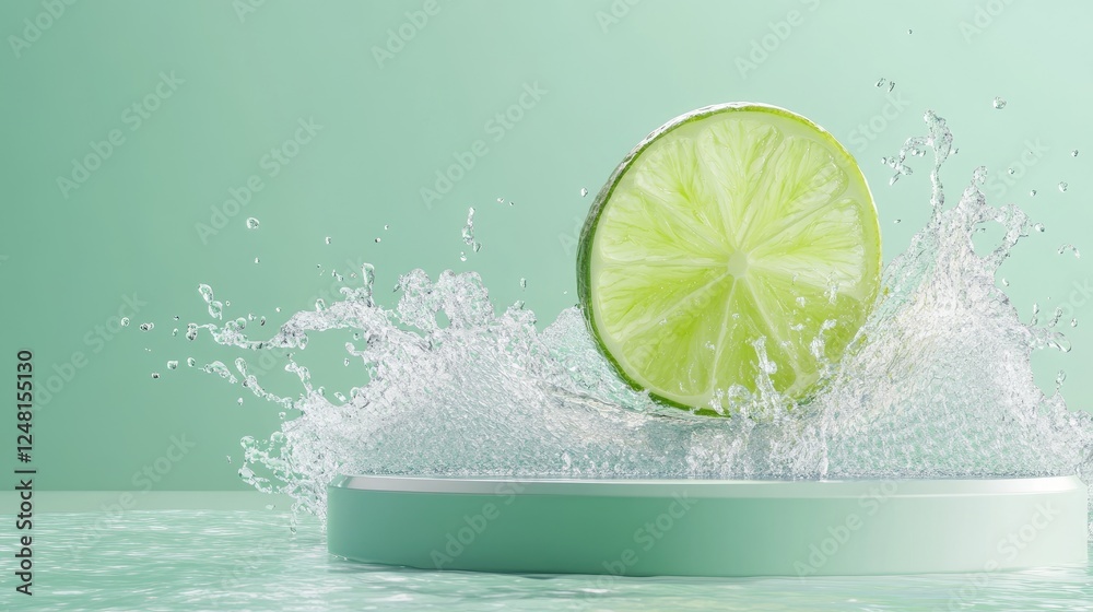 Poster A vibrant lime slice riding a sparkling wave of water surrounded by droplets, symbolizing refreshing coolness, with a sleek empty podium for showcasing a product.