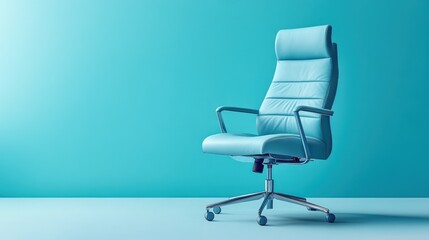 Elegant turquoise office chair against a solid pastel wall creating a serene workspace atmosphere