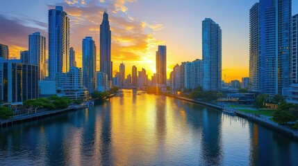 Obraz premium A bustling city skyline seen from above, with high-rises stretching along the riverbanks, the water reflecting the towering structures as the sun sets
