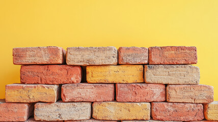 Fototapeta premium Stacked bricks against a yellow background.