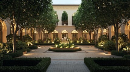 Obraz premium Serene Grand Courtyard Garden with Lush Greenery and Elegant Fountain