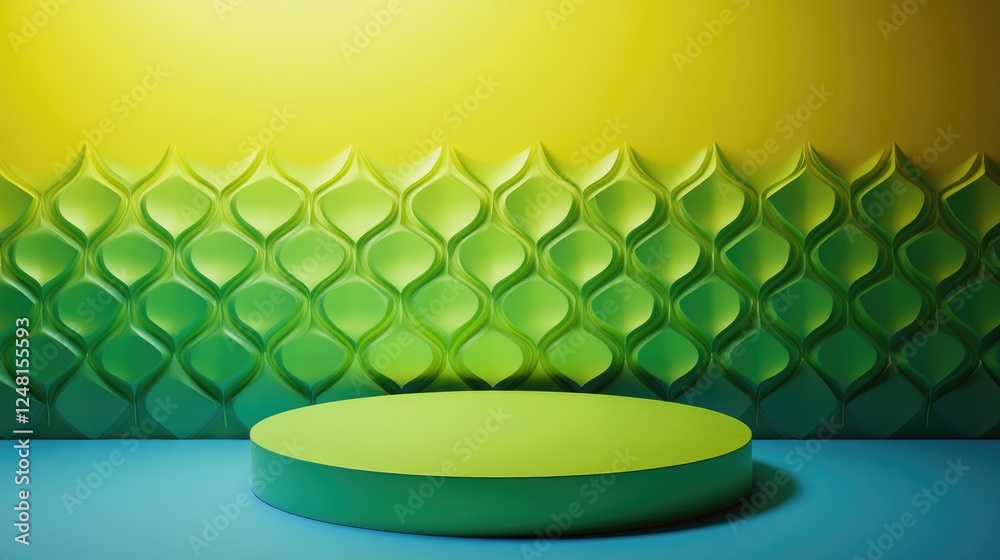Poster a vibrant yellow-green rhombus podium, ready to frame a beautiful product presentation in an empty s