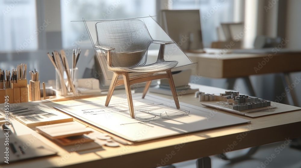 Leinwandbilder a virtual chair model hovers above a sketch on a designer's worktable, with adjustments made in real
