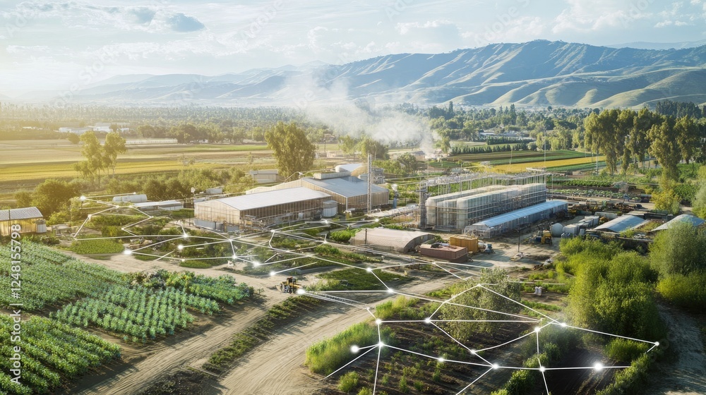 Poster A visual representation of a local supply network, with arrows tracking the movement of materials from local farms and workshops directly to a central production facility.