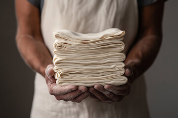  Traditional puff pastry layers being folded by a bakers hands, showcasing the art of laminated dough baking