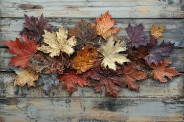 An artistic composition of dried, multicolored maple leaves on a rustic wooden table.