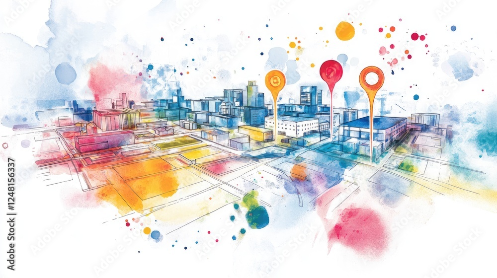 Poster a watercolor-style map with vibrant microfactory markers leading to community centers, visually repr