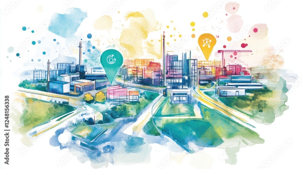 Poster a watercolor-style map with vibrant microfactory markers leading to community centers, visually repr