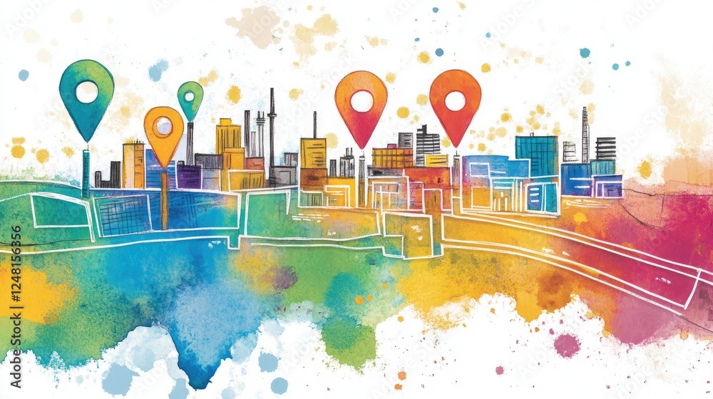 Poster a watercolor-style map with vibrant microfactory markers leading to community centers, visually repr