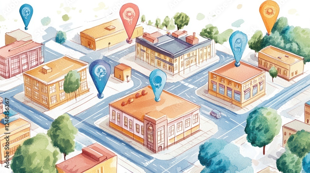 Poster a watercolor-style map with vibrant microfactory markers leading to community centers, visually repr