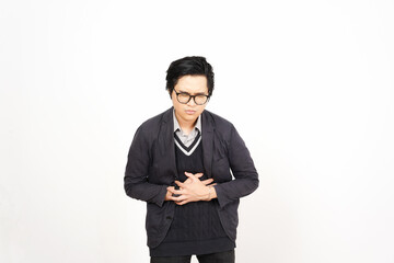 Suffering Stomachache Of Handsome Asian Man Isolated On White Background
