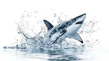 Fototapeta premium Dynamic shark leaping out of the water with a dramatic splash effect, set against a clean white background