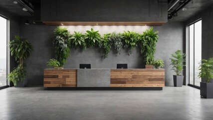 Contemporary Office Waiting Room with Gray Walls and Wooden Desk