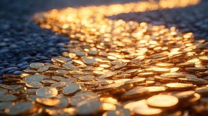 A winding road paved with gold coins stretching toward a glowing horizon, symbolizing a prosperous journey of financial success, wealth accumulation, and investment opportunities.