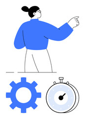 Person gesturing confidently, a gear for productivity, stopwatch for efficiency. Ideal for workflow, scheduling, deadlines, organization, process improvement, leadership vision abstract line flat