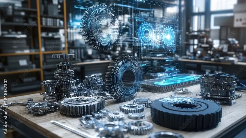 Poster A workbench with an array of gears and parts, digital schematics floating above, depicting the process of assembling customizable components for advanced mechanical systems.