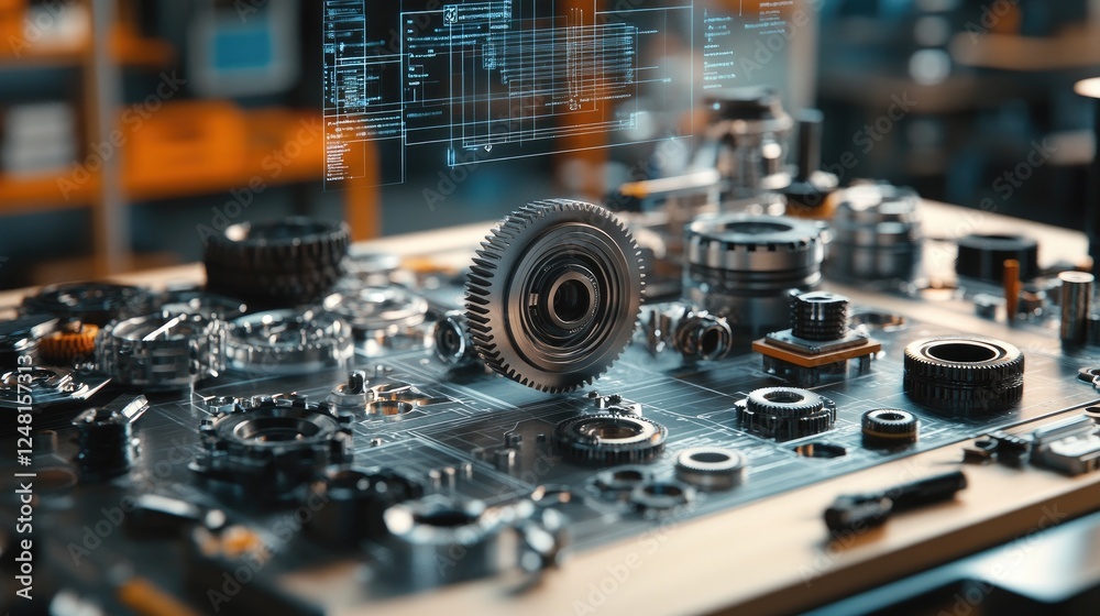 Leinwandbilder A workbench with an array of gears and parts, digital schematics floating above, depicting the process of assembling customizable components for advanced mechanical systems.