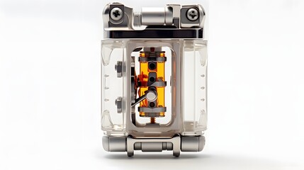 Transparent minimalist modern plastic lighter with details of its internal fuel level mechanism and components against a clean white studio backdrop