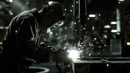 A worker in protective gloves welds metal in a factory, sparks lighting up the dark environment, symbolizing the precision and technique involved in industrial manufacturing processes.