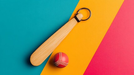 Elegant wooden keychain shaped like a bat with a cricket ball isolated on a colorful background