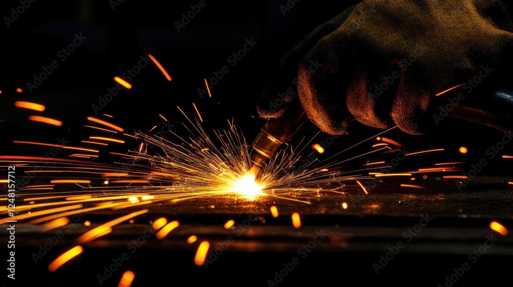 Poster a worker wearing protective gloves welds metal, creating a shower of bright sparks in a dark industr