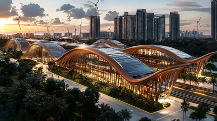 Futuristic architecture of a sleek building with wavy structure and solar panels surrounded by palm trees and wind turbines.