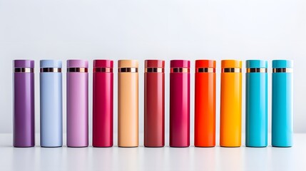 Obraz premium A collection of colorful disposable lighters neatly arranged in a row showcasing their vibrant hues and clean simple design on a plain white surface