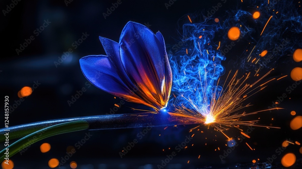 Poster a worker wearing protective gloves welds metal, creating a shower of bright sparks in a dark industr