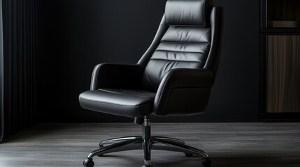 Elegant black executive chair positioned in modern office interior with sleek lines and minimalist design