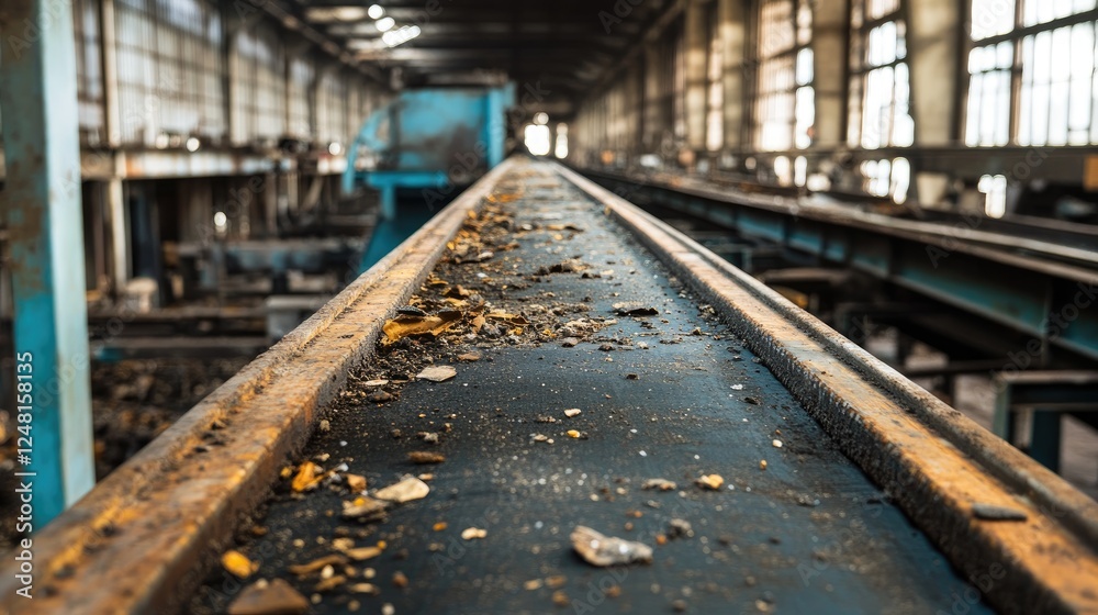Poster a worn-out conveyor belt in an industrial factory shows significant damage and debris accumulation, 