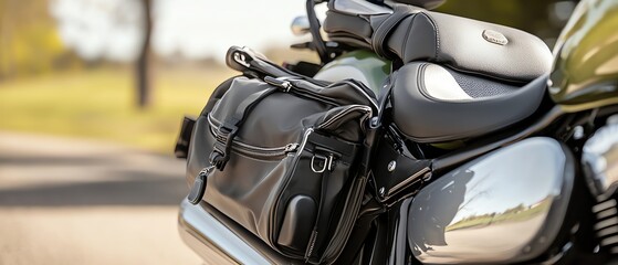 A sleek motorcycle bag rests on a shiny motorcycle seat, perfect for adventure and travel enthusiasts seeking practicality and style.