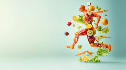 dynamic running human figure made entirely of fruits and vegetables, symbolizing health and vitality