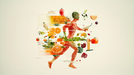 dynamic human figure made of fruits and vegetables, symbolizing health and vitality