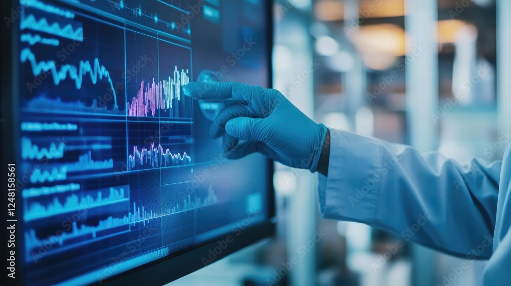 Aufkleber An engineer in gloves analyzes manufacturing production data on a screen, pointing at graphs and charts to improve process efficiency in an industrial setting.
