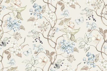 Floral seamless pattern of vertical decorative branches with abstract delicate flowers and flying butterflies, watercolor illustration in vintage style with design print for textile or wallpapers. © Nikole
