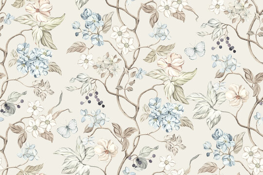 Floral seamless pattern of vertical decorative branches with abstract delicate flowers and flying butterflies, watercolor illustration in vintage style with design print for textile or wallpapers.
