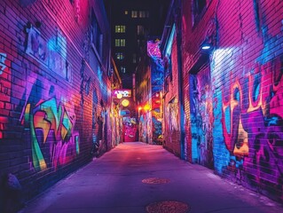 Neon-lit graffiti alleyway at night; urban art, city backdrop, design background