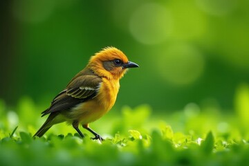 Golden-whiskered barbet foraging, lush green background, ornithology, tropical bird