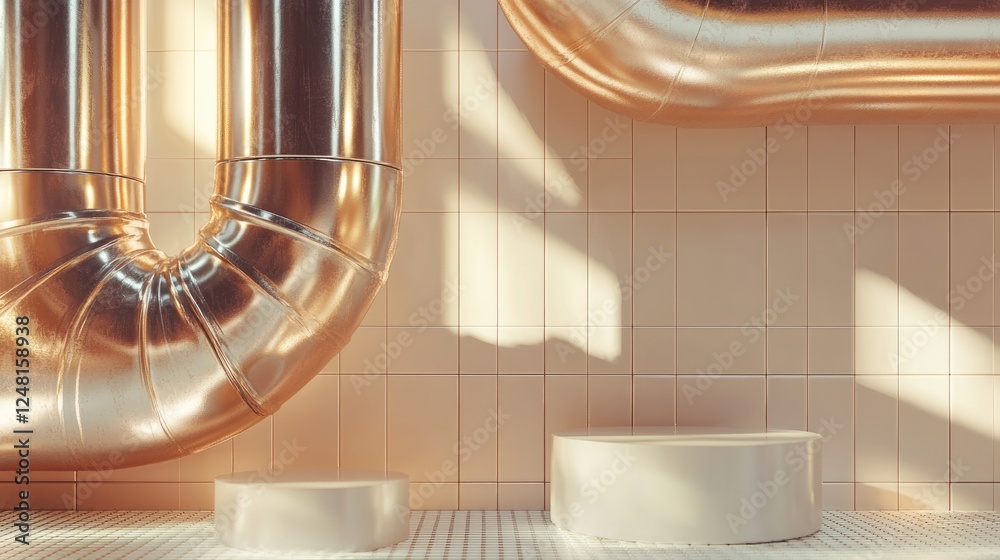 Poster an industrial scene with a metallic pipe's intricate shapes and a simple podium beside it, ideal for