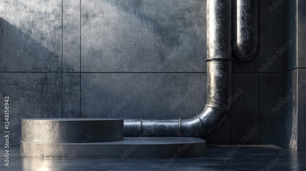 Poster an industrial scene with a metallic pipe's intricate shapes and a simple podium beside it, ideal for