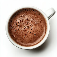 White cup of hot chocolate top view on white background