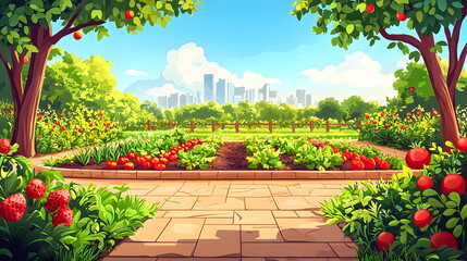 Fototapeta premium Lush garden pathway surrounded by vibrant apples, colorful flowers, and a city skyline backdrop.