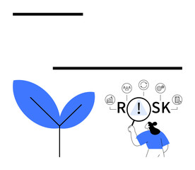 Magnifying glass over RISK, icons for data management, growth, and sustainability with blue leaf. Ideal for business analysis, decision-making, risk management, goal planning, finance and abstract