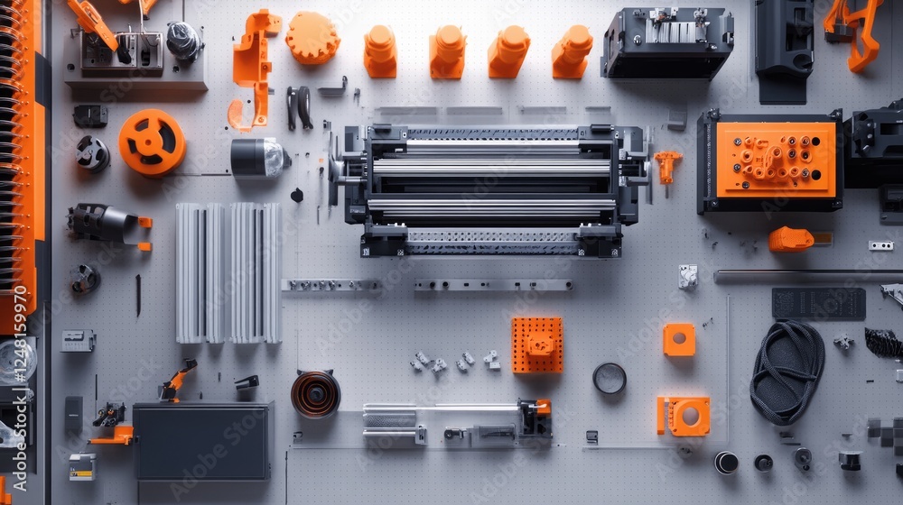 Poster An overhead view of a microfactory assembly line with an array of 3D-printed parts being sorted and arranged, showcasing the flexibility of modern manufacturing technology.