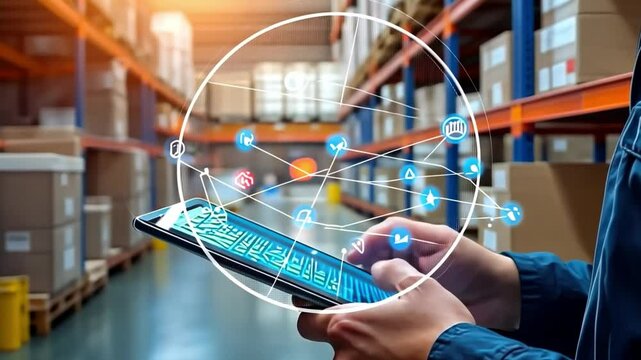 Warehouse Connectivity: A worker's hands hold a tablet with a network connection overlay, symbolizing modern warehouse management and supply chain efficiency amid shelves filled with packages. - Powered by Adobe